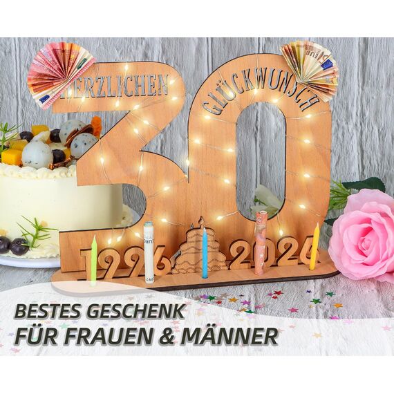 Giftota - 2026 Originelle 30 Geburtstag Geschenk Frauen & Männer - 30 Perlenhochzeit - Geldgeschenke 30 mit LED Lichterkette Ständer - Holz-Schild Gästebuch - 30 Geburtstag Deko - Hochzeitsgeschenke