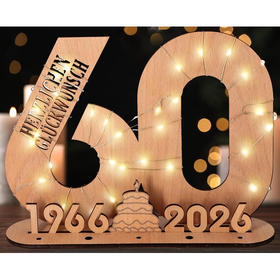 Giftota - 2026 Originelle 60 Geburtstag Geschenk Frauen & Männer - 60 Diamantene Hochzeit - Geldgeschenke Geburtstag 60 mit LED Lichterkette Ständer - Holz-Schild Gästebuch - 60 Geburtstag Deko