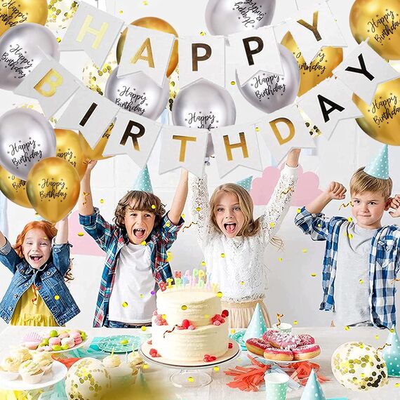Luftballons Geburtstag Dekoration Set, Gold Silber Geburtstagsdeko Happy Birthday deko Banner Party Deko Geburtstag Set mit Gold Silber Happy Birthday Luftballons Konfetti Ballons