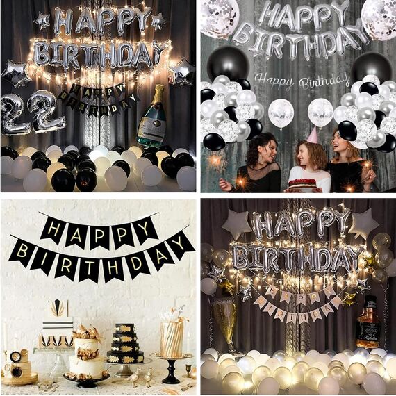 Luftballons Geburtstag Dekoration Set, Schwarz Silber Geburtstagsdeko Happy Birthday deko Banner Party Deko Geburtstag Set mit SilberLuftballons Konfetti Ballons Dreiecksflaggen Girlanden(BK+SR+SJQ)