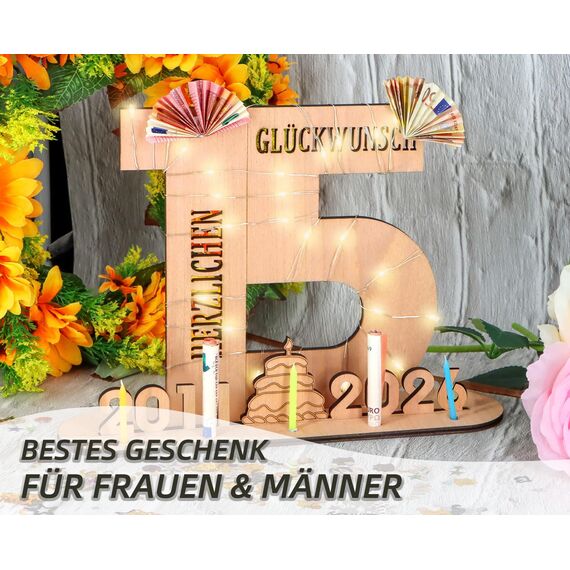 Giftota - 2026 Originelle 15 Geburtstag Geschenk Mädchen & Jungen - 15 Kristallhochzeit - Geldgeschenke 15 mit LED Lichterkette Ständer - Holz-Schild Gästebuch - 15 Geburtstag Deko -Hochzeitsgeschenke