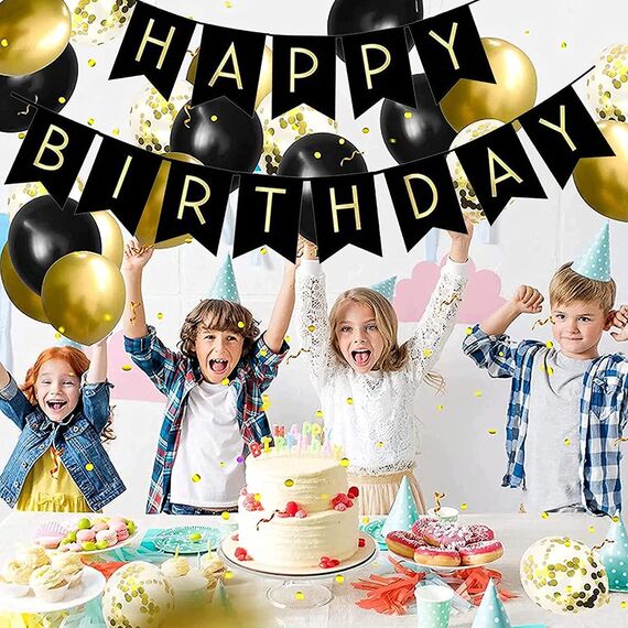 Luftballons Geburtstag Dekoration Set, Schwarz Gold Geburtstagsdeko Happy Birthday deko Banner Party Deko Geburtstag Set mit Gold Luftballons Konfetti Ballons Dreiecksflaggen Girlanden