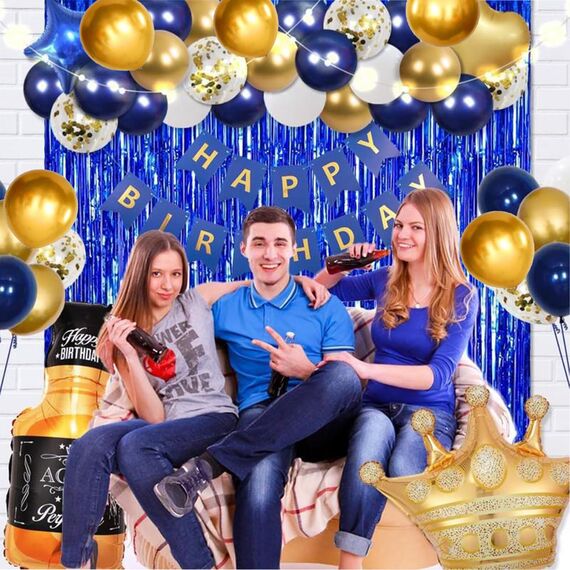 Luftballons Geburtstag Dekoration Set, Marineblau Gold Geburtstagsdeko Happy Birthday deko Banner Set mit Marineblau Gold Luftballons Konfetti Ballons Dreiecksflaggen Girlanden（NB+GD+SJQ）