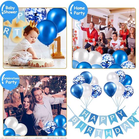 Luftballons Geburtstag Dekoration Set, blau Geburtstagsdeko Happy Birthday deko Banner Party Deko Geburtstag Set mit blau Luftballons Konfetti Ballons