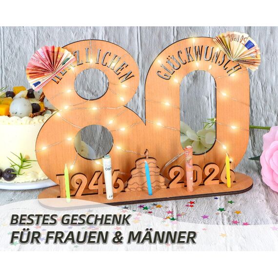 Giftota - 2026 Originelle 80 Geburtstag Geschenk Frauen & Männer - Geldgeschenke Geburtstag 80 mit LED Lichterkette Ständer - Holz-Schild Gästebuch - 80 Geburtstag Deko - Personalisierbares Geschenk