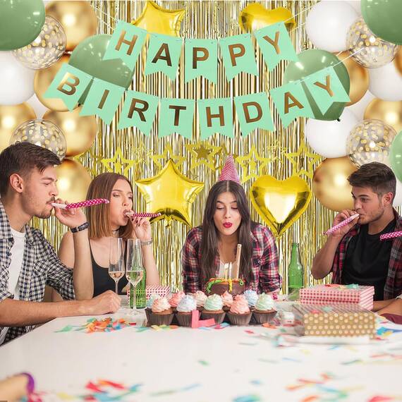 Luftballons Geburtstag Dekoration Set, Grün Gold Geburtstagsdeko Happy Birthday deko Banner Set mit Happy Birthday Luftballons Konfetti Ballons（GN+GD）