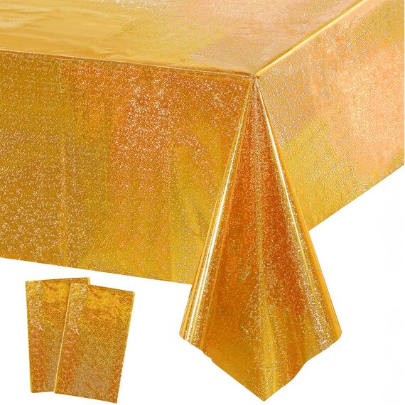 Party Tischdecke Gold Glitzer 2 Stück - Geburtstag Tischdecken Foil Plastik Einweg Party Deko für Geburtstag Hollywood Manner Bagger Hochzeit Disco Biene Abi Silvester Party
