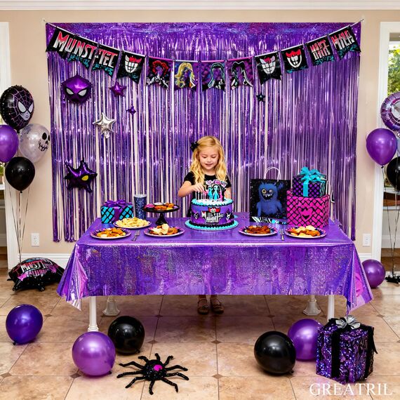 Party Tischdecke Lila Glitzer 1 Stück - Geburtstag Tischdecken Foil Plastik Einweg Party Deko für Kpop Monster Schmetterling Vampire Einschulung Schulkind Halloween Party Deko