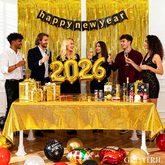 Party Tischdecke Gold Glitzer 2 Stück - Geburtstag Tischdecken Foil Plastik Einweg Party Deko für Geburtstag Hollywood Manner Bagger Hochzeit Disco Biene Abi Silvester Party