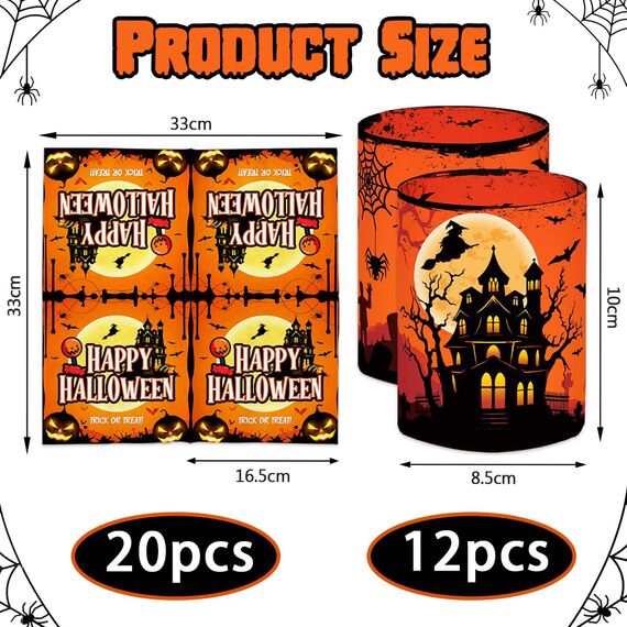 20 Stück Servietten Halloween + 12 Windlicht + 500 Konfetti Streudeko Tischdeko, Horror Halloween Deko Kinder Geburtstag Party Set Geschenk, Halloweendeko Innen, Mit Gruselig Kürbis Spinnennetz Muster