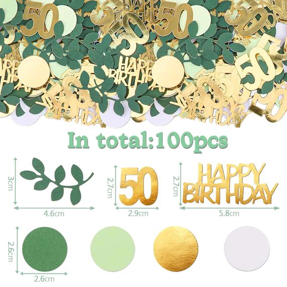 20 Stück Servietten 50 Geburtstag+ 12 Windlicht Tischdeko 50 + 100 Konfetti Deko Grün, Deko 50. Geburtstag Frau Mann, 50 Jahre Happy Birthday Tischdeko Eukalyptus