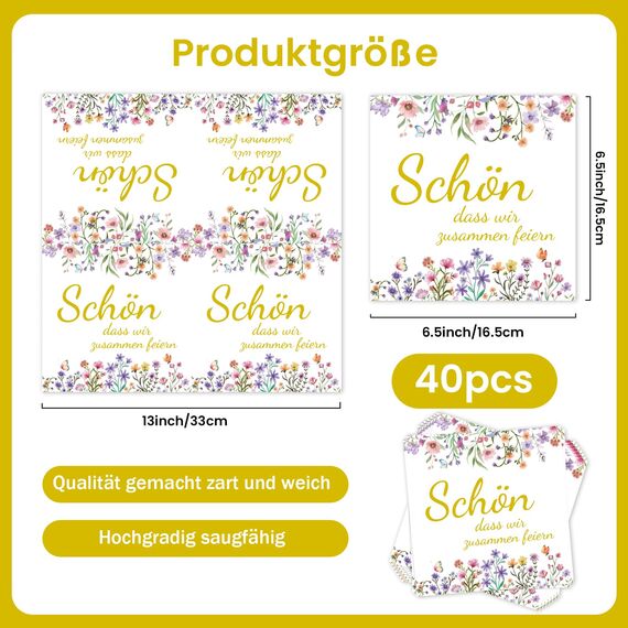 40 Stück Servietten Blumen Frühling,33x33cm Servietten Geburtstag Schön, Dass Wir Zusammen Feiern für Tischdeko Hochzeitsfeier Jubiläums Gartenparty Taufe Kommunion