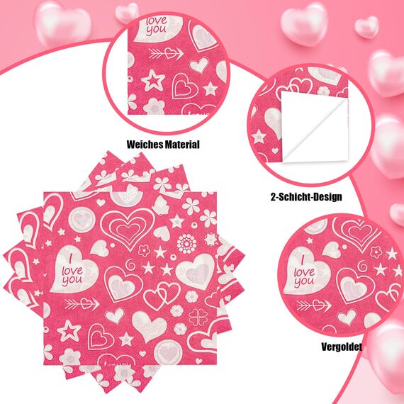 40 Stück Valentinstag Servietten herz Valentinstag Party Tischdekorationen 33x33cm Rosa Herzen Cocktail Servietten für Hochzeit Jubiläen Geburtstag und Flitterwochen