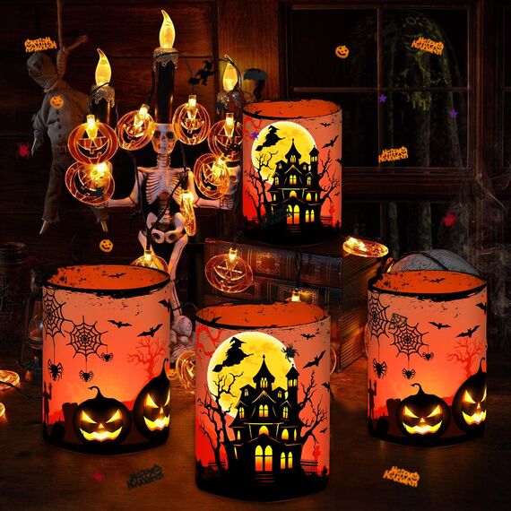 20 Stück Servietten Halloween + 12 Windlicht + 500 Konfetti Streudeko Tischdeko, Horror Halloween Deko Kinder Geburtstag Party Set Geschenk, Halloweendeko Innen, Mit Gruselig Kürbis Spinnennetz Muster