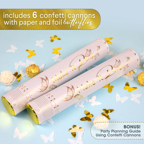 PrimePure Konfetti Kanone - Weißes und Goldenes in Schmetterlingsform Konfettikanone – 6er Pack – Party Shooter-Pistole für Hochzeit, Geburtstage, Feiern