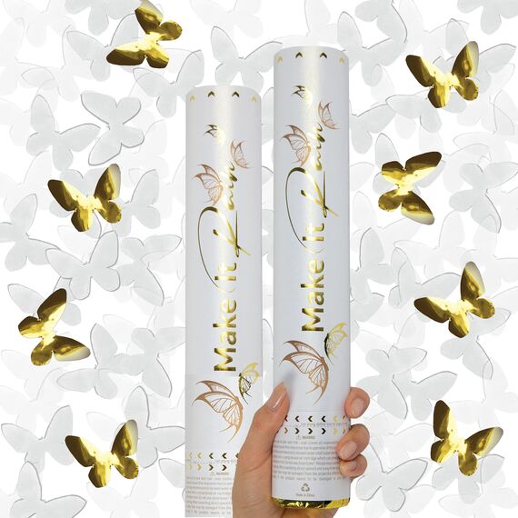 PrimePure Konfettikanone Party Poppers - Schmetterling Weiße Konfetti Poppers - 2er Pack - Weißes Papier & Goldene Schmetterlings Pop Gun für Hochzeit Verabschiedung, Brautdusche, Geburtstag, Partys