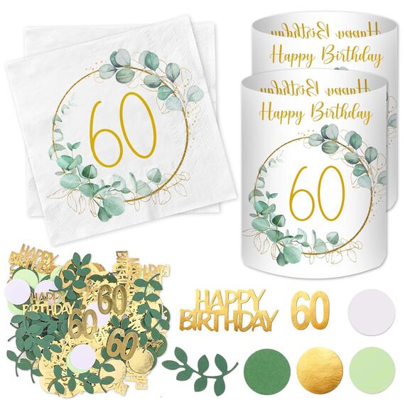 20 Stück Servietten 60 Geburtstag+ 12 Windlicht Tischdeko + 100 Konfetti 60.TER Grün, Deko 60. Geburtstag Frau Mann, Eukalyptus Tisch Deko 60 Jahre