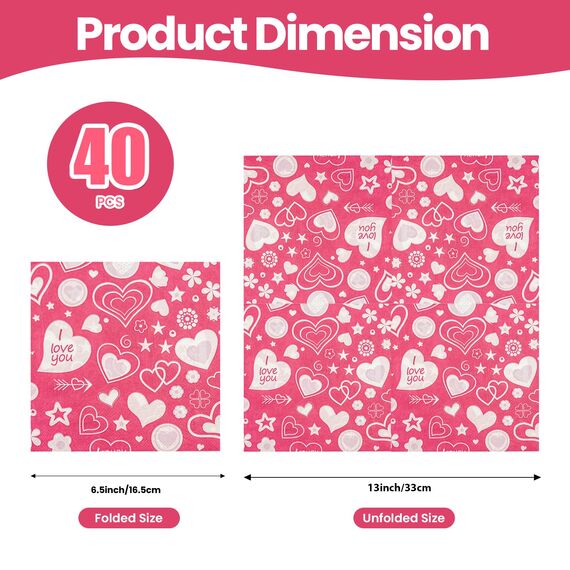 40 Stück Valentinstag Servietten herz Valentinstag Party Tischdekorationen 33x33cm Rosa Herzen Cocktail Servietten für Hochzeit Jubiläen Geburtstag und Flitterwochen
