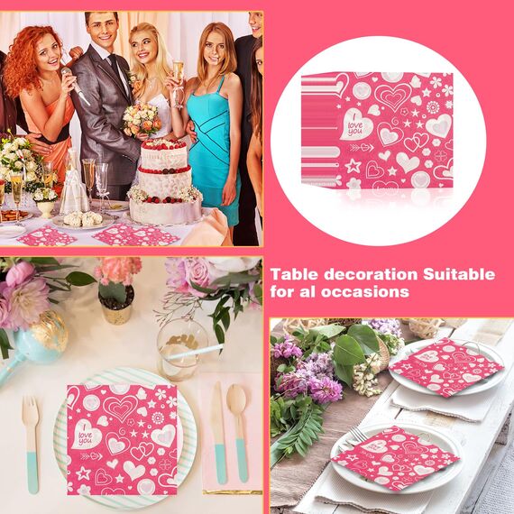 40 Stück Valentinstag Servietten herz Valentinstag Party Tischdekorationen 33x33cm Rosa Herzen Cocktail Servietten für Hochzeit Jubiläen Geburtstag und Flitterwochen