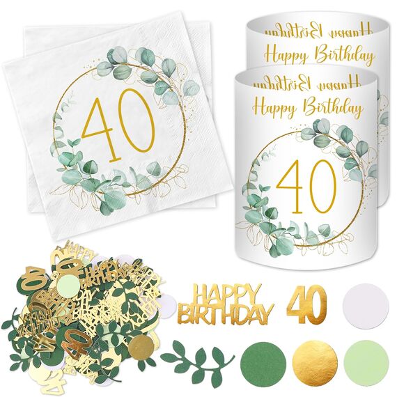 20 Stück Servietten 40 Geburtstag+ 12 Stück Windlicht Tischdeko + 100 Stück Konfetti Grün, Deko 40. Geburtstag Frau Mann, 40 Jahre Happy Birthday Deko Eukalyptus
