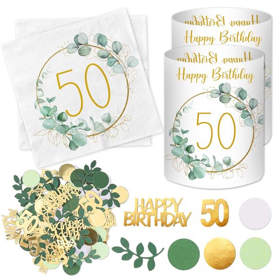 20 Stück Servietten 50 Geburtstag+ 12 Windlicht Tischdeko 50 + 100 Konfetti Deko Grün, Deko 50. Geburtstag Frau Mann, 50 Jahre Happy Birthday Tischdeko Eukalyptus