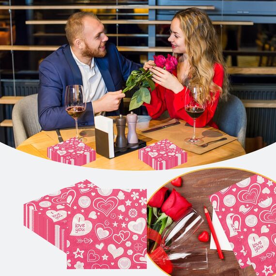 40 Stück Valentinstag Servietten herz Valentinstag Party Tischdekorationen 33x33cm Rosa Herzen Cocktail Servietten für Hochzeit Jubiläen Geburtstag und Flitterwochen
