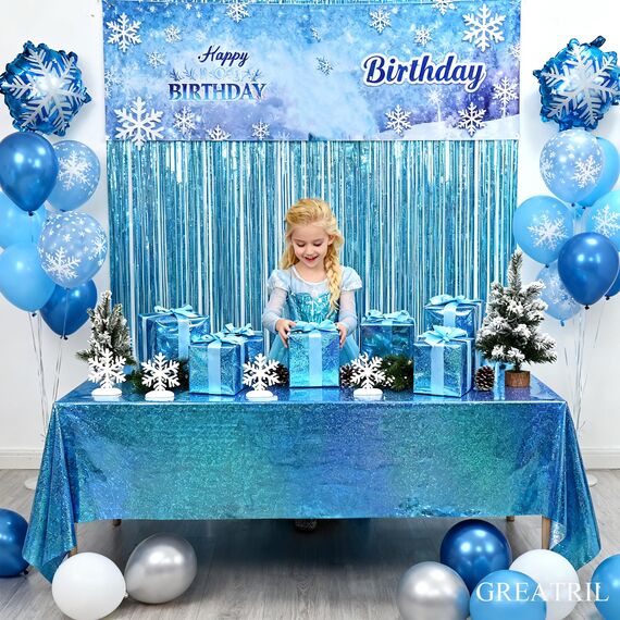 Tischdecke Geburtstag Blau Glitzer 2 Stück - Foil Party Tischdecken Einweg Deko für Frozen Winter Gefrorene Schneeflocke Meerjungfrau Unterwasserwelt Geburtstag Gender Reveal Party Deko
