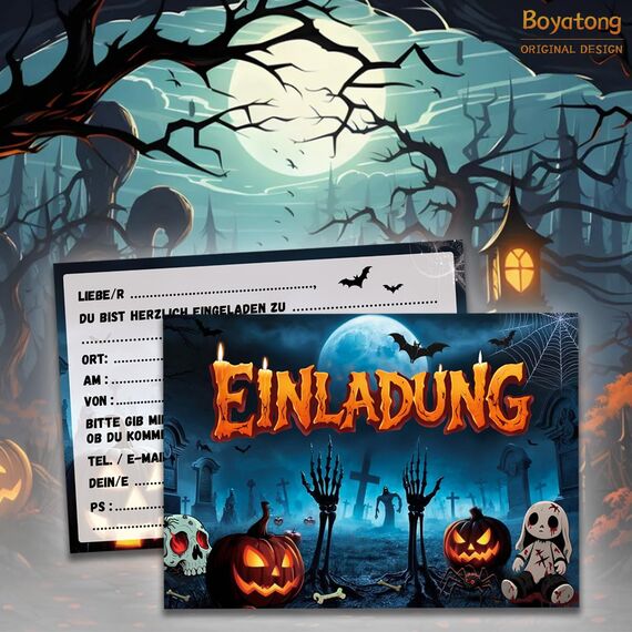 12 x Halloween Einladungskarten Kinder, Schaurig Halloween Party Einladung Friedhof des Grauens Kürbis, Gruselparty Einladungskarte zum Halloweenparty Geburtstag Einladungen Erwachsene Teenager