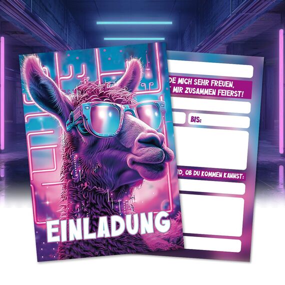 BOYATONG 12 x Lama Einladungskarten Kindergeburtstag Mädchen & Junge, 15 x 10.7cm Einladungskarten Geburtstag, Einladung Kindergeburtstag in Coole Gläser Alpaka Design