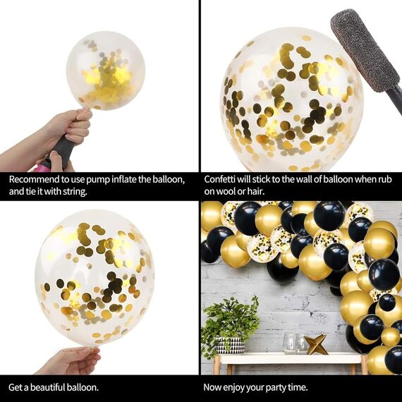 Luftballons Hochzeit 60 Stück 12 zoll Luftballons Schwarz Gold Schwarze Latex Ballons Goldene Metallic Konfetti Ballons für Geburtstag Verlobung Abschlussball EID Ramadan Silvester Party Deko