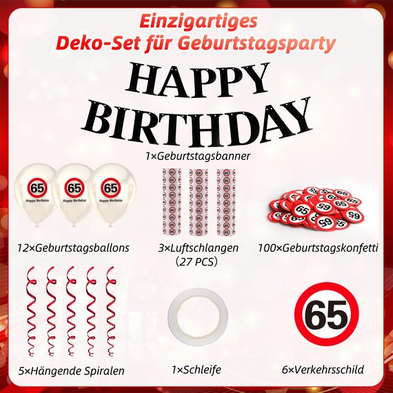 WenmthG 65 Geburtstag Deko Männer Frauen, 65. Geburtstag Deko mit Girlande, Luftballons, Luftschlangen, Banner, Konfetti - Verkehrsschild zum 65 Jahre, Verkehrszeichen 65. Geburtstagsdeko