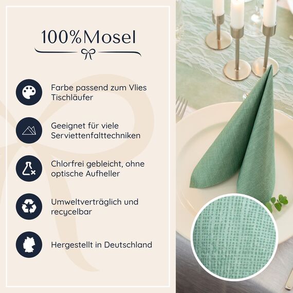 100% Mosel Servietten, 20 Stück (33 x 33 cm), in Eukalyptus Grün, edle Tischdeko für Hochzeit, Kommunion, Konfirmation, Taufe & Geburtstag