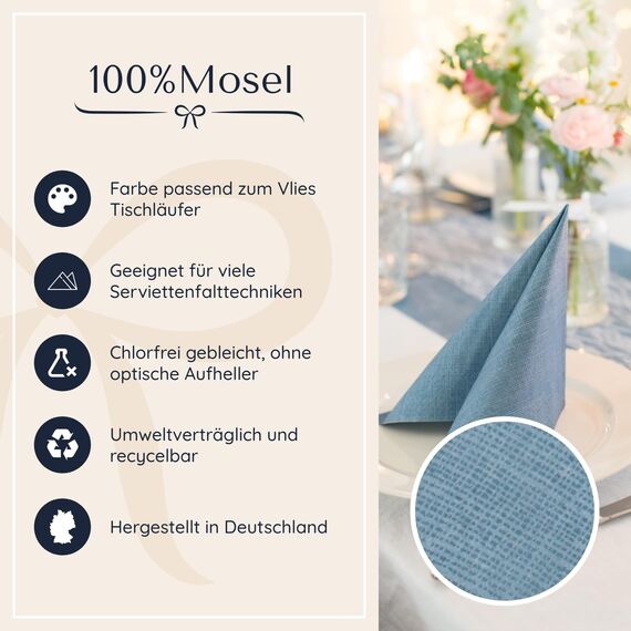 100% Mosel Servietten, 60 Stück (33 x 33 cm), in Rauchblau, edle Tischdeko für Hochzeit, Kommunion, Konfirmation, Taufe & Geburtstag