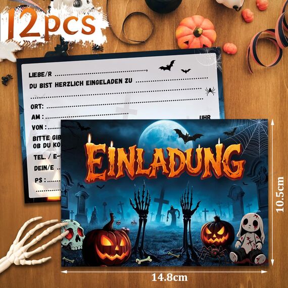 12 x Halloween Einladungskarten Kinder, Schaurig Halloween Party Einladung Friedhof des Grauens Kürbis, Gruselparty Einladungskarte zum Halloweenparty Geburtstag Einladungen Erwachsene Teenager