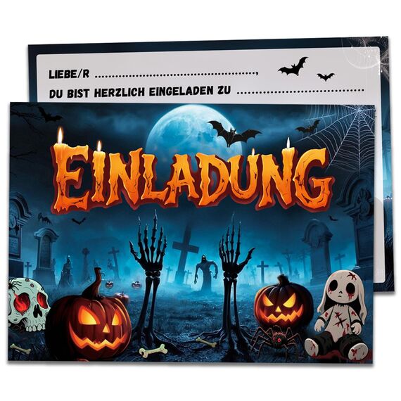 12 x Halloween Einladungskarten Kinder, Schaurig Halloween Party Einladung Friedhof des Grauens Kürbis, Gruselparty Einladungskarte zum Halloweenparty Geburtstag Einladungen Erwachsene Teenager
