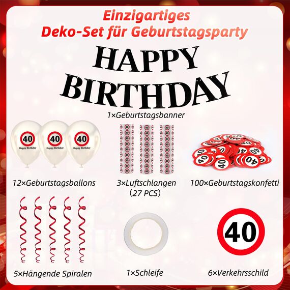 WenmthG 40 Geburtstag Deko Männer Frauen, 40. Geburtstag Deko mit Girlande, Luftballons, Luftschlangen, Banner, Konfetti - Verkehrsschild zum 40 Jahre, Verkehrszeichen 40. Geburtstagsdeko