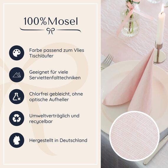 100% Mosel Servietten, 20 Stück (33 x 33 cm), in Blush Rosé, edle Tischdeko für Hochzeit, Kommunion, Konfirmation, Taufe & Geburtstag