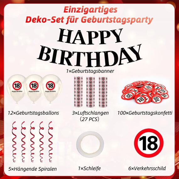 WenmthG 18 Geburtstag Deko, Deko 18. Geburtstag Junge Mädchen, 18 Geburtstagsdeko mit Banner, Girlande, Konfetti, Luftballons, Luftschlangen - Verkehrsschild zum 18. Jahre - Verkehrszeichen 18
