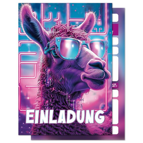 BOYATONG 12 x Lama Einladungskarten Kindergeburtstag Mädchen & Junge, 15 x 10.7cm Einladungskarten Geburtstag, Einladung Kindergeburtstag in Coole Gläser Alpaka Design