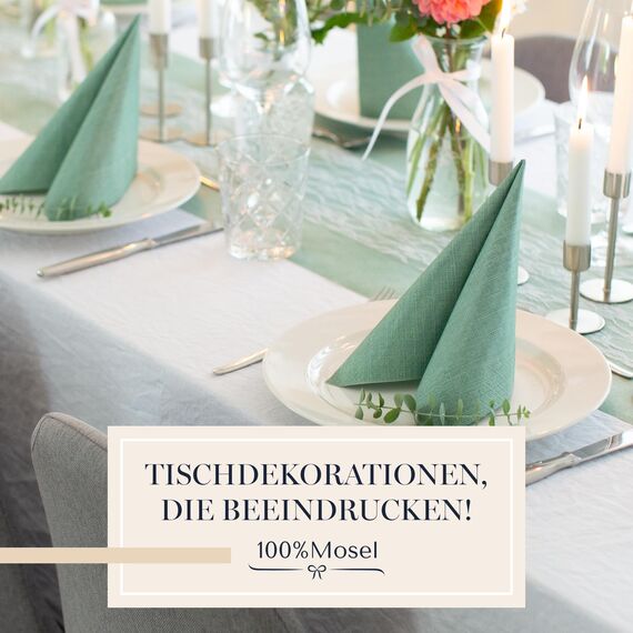 100% Mosel Servietten, 20 Stück (33 x 33 cm), in Eukalyptus Grün, edle Tischdeko für Hochzeit, Kommunion, Konfirmation, Taufe & Geburtstag