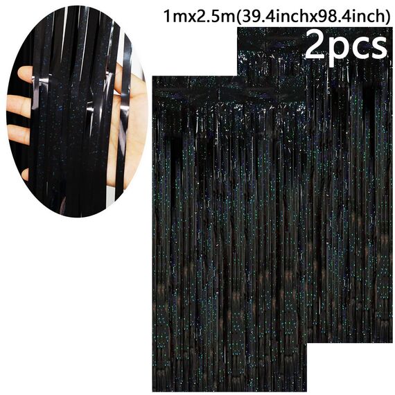 waziwe Lametta Vorhang Schwarz 2.5x1m (2 Stück), Glitzervorhang Lametta Perfekt für Silvester, Karneval, Fasching, Hochzeit Deko und alle Arten von festlichen Dekorationen