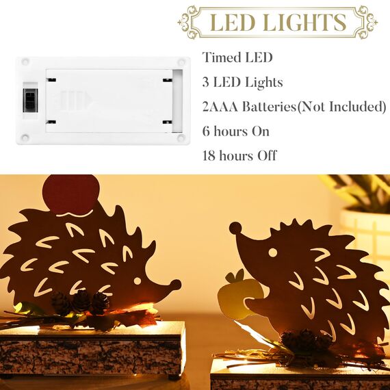 Valery Madelyn 2er Herbstdeko Igel Deko Figuren mit LED Timer aus Rost Bunt Metall,Holz Sockel,Beidseitig Rostig,Herbst Deko Innen Ornament für Tisch Fenster,Geschenk Fall Decor Halloween,15/16cm