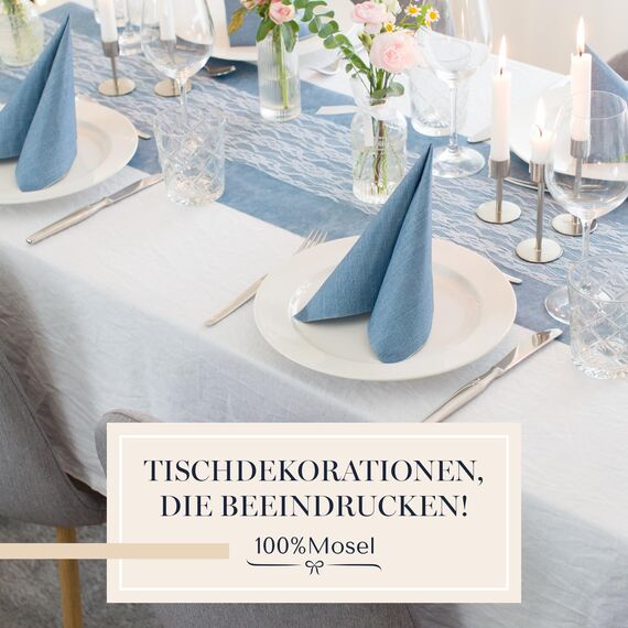 100% Mosel Servietten, 60 Stück (33 x 33 cm), in Rauchblau, edle Tischdeko für Hochzeit, Kommunion, Konfirmation, Taufe & Geburtstag