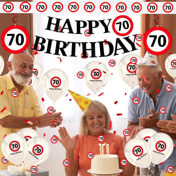WenmthG 70 Geburtstag Deko Männer Frauen, 70. Geburtstag Deko mit Girlande, Luftballons, Luftschlangen, Banner, Konfetti - Verkehrsschild zum 70 Jahre, Verkehrszeichen 70. Geburtstagsdeko