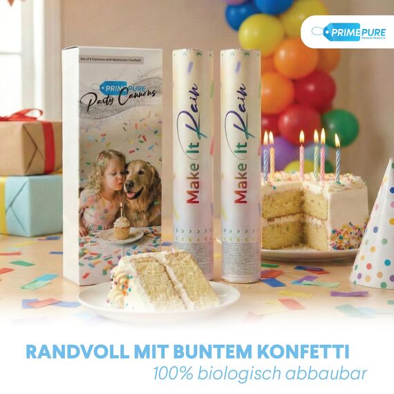 PrimePure Konfetti-Kanone Party Poppers – Biologisch Afbreekbaar Mehrfarbiges Rechteck-Konfetti – 2er Pack – Party-Kanonen Shooter für Hochzeiten, Geburtstage & Feiern