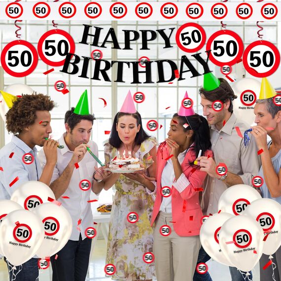 WenmthG 80 Geburtstag Deko Männer Frauen, 80. Geburtstag Deko mit Girlande, Luftballons, Luftschlangen, Banner, Konfetti - Verkehrsschild zum 80 Jahre, Verkehrszeichen 80. Geburtstagsdeko