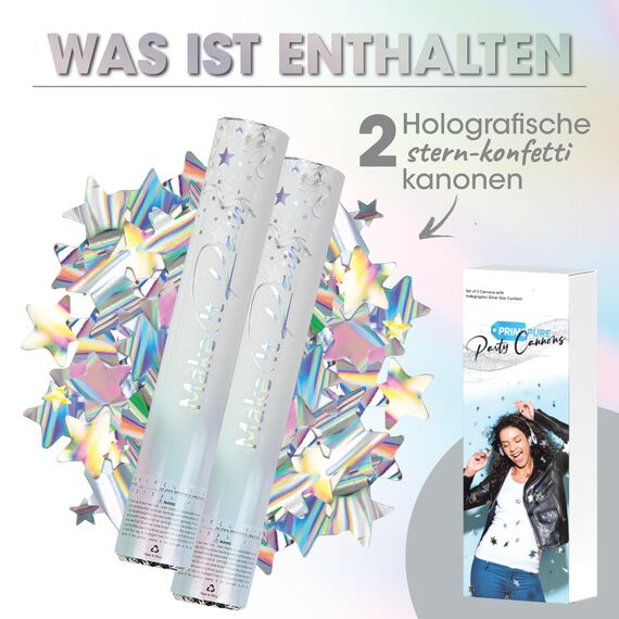 PrimePure Konfettikanone Silber Sterne Party Popper - 2 Stück - Konfetti Kanone Perfekt für Feier, Geburtstage, Karneval, Hochzeiten und Festliche Veranstaltungen