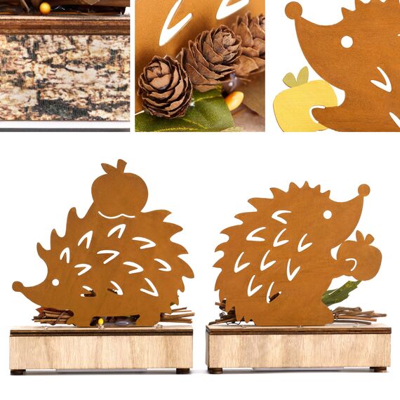 Valery Madelyn 2er Herbstdeko Igel Deko Figuren mit LED Timer aus Rost Bunt Metall,Holz Sockel,Beidseitig Rostig,Herbst Deko Innen Ornament für Tisch Fenster,Geschenk Fall Decor Halloween,15/16cm