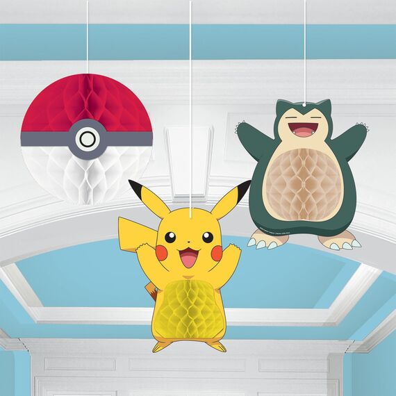 Amscan 9917119 - Pokémon Kinder-Geburtstagsparty, Pokeball, Pikachu, hängende Wabendekorationen, 3 Stück