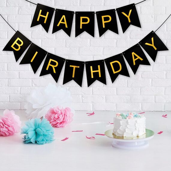 Happy Birthday Girlande Schwarz, Girlande Geburtstag 5 Meter, Happy Birthday Banner, Alles Gute Zum Geburtstag BannerSchild, GeburtstagDeko Zubehör Party Dekoration Banner für Erwachsene Kinder